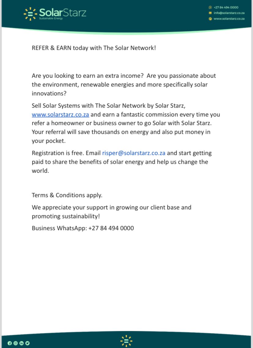 SStarzsa's tweet photo. Become a part of the Solar revolution by joining our referral program today &amp; earn a fantastic commission with every referral. 

Registration is free - find all the details in our poster. We look forward to hearing from you. 

#TheSolarNetwork #Solarpower #SolarPanel #SolarStarz https://t.co/V2nniDsUWP