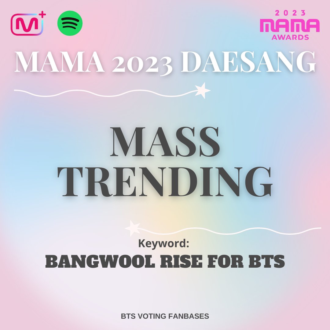 Jkmeama's tweet photo. Ya empezó la tendencia para avisar a mas gente sobre la votación masiva, por favor unanse usando las palabras claves y difundir, recuerden que debemos mantener y ampliar la brecha ahora y después del reinicio

BANGWOOL RISE FOR BTS
BANGWOOL RISE FOR BTS
BANGWOOL RISE FOR BTS https://t.co/Yt3kjHpQcb