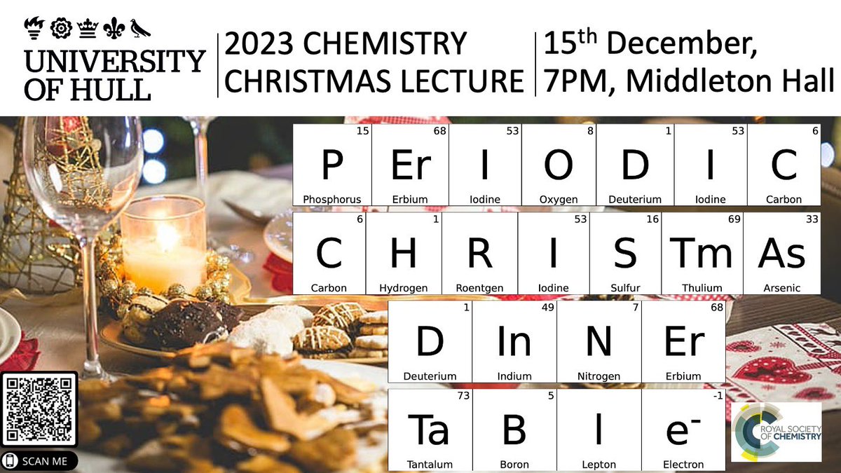 🚨Grab your tickets 🎫 for @HullChemistry’s Christmas 🎄Lecture, this year they are putting on an entertaining tour of the periodic table told via a Christmas dinner.
🗓️ 15th Dec
🕰️ 7pm - 8pm

ticketsource.co.uk/middleton-hall…