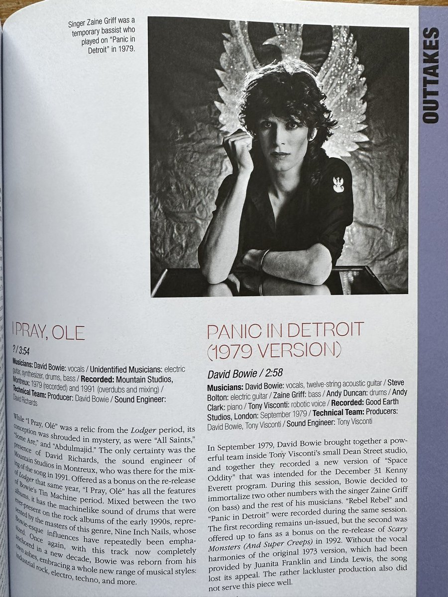 #ZaineGriff in the book ‘All The Songs of David Bowie’. #Bowie walked in when Zaine was recording his first solo album ASHES AND DIAMONDS with #TonyVisconti. Bowie asked Zaine and his band to record 3 total new versions of his songs, one of them the new ‘upspeed’ Panic In Detroit