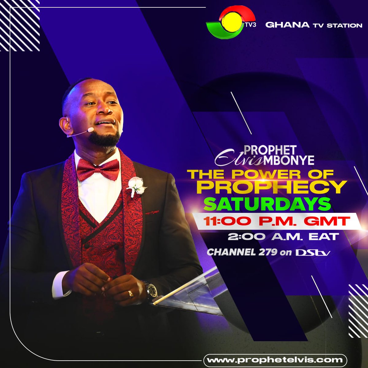 Prophet Elvis Mbonye on TV3 Ghana this Saturday November 11, 2023 11:00 pm Greenwich Mean Time (GMT)!! Live stream at prophetelvis.com/live #ProphetElvisMbonye