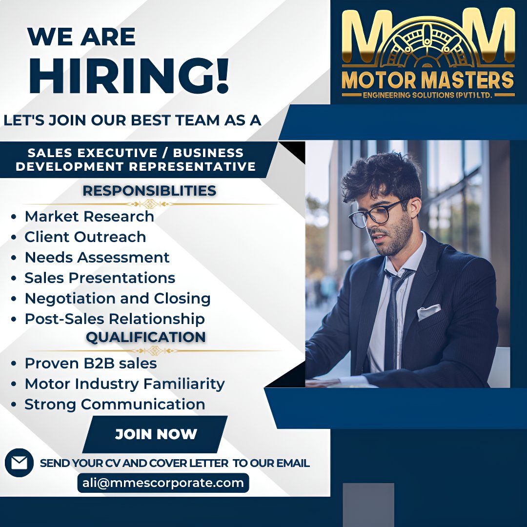 mmes_corporate's tweet photo. WE ARE HIRING: 
𝗦𝗮𝗹𝗲𝘀 𝗘𝘅𝗲𝗰𝘂𝘁𝗶𝘃𝗲 / 𝗕𝘂𝘀𝗶𝗻𝗲𝘀𝘀 𝗗𝗲𝘃𝗲𝗹𝗼𝗽𝗺𝗲𝗻𝘁 𝗥𝗲𝗽𝗿𝗲𝘀𝗲𝗻𝘁𝗮𝘁𝗶𝘃𝗲
Send resume &amp; cover letter to ali@mmescorporate.com
 #SalesJob #HiringNow #MotorMastersEngineering 🚀 https://t.co/N3t4HiCgRu