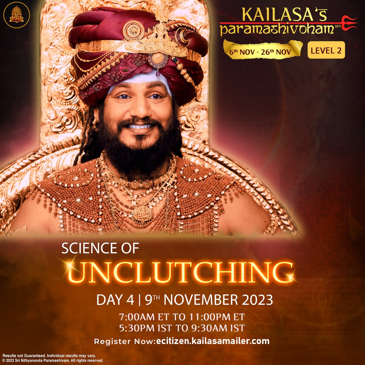 SriNithyananda's tweet photo. Welcome to the the fourth day of Paramashivoham Level-2. Today's sessions will equip you with one of the most powerful asset for life: the art of unclutching. Unclutching equips you with the ability to instantly disengage from your unconscious, compulsive thoughts, thereby intensifying the manifestation of consciousness within yourself and in your life.
Join now: https://t.co/5SnwuiSDTo
#Nithyananda #KAILASA #Paramashivoham #MindControl #MentalMastery