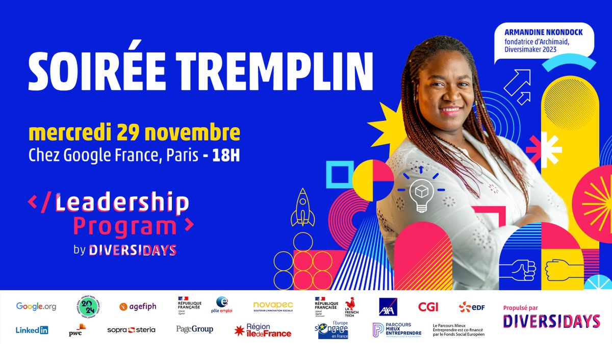 diversidays's tweet image. #BreakingNews 🚨 La  #SoiréeTremplin de la 10e édition du #LeadershipProgram arrive le 29/11 chez @Google  ✨ Après un parcours de 120h, 18 pépites s’apprêtent  à vous épater 🤩Venez les rencontrer et découvrir des projets made in #IDF ✨ 
Votre place 👉 evenium.events/7wnacmwf