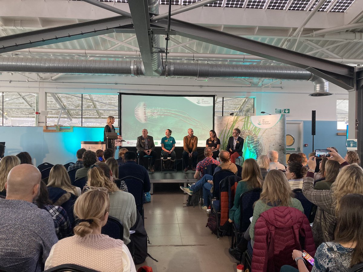 Our first panel session is underway with lots of interesting questions from the audience! Andy Rees @PlymouthMarine Laboratory Fiona Tibbett @NaturalEngland Ben Green @EnvAgency Jess Churchill-Bissett @The_MMO Jean- Luc Solandt @mcsuk #UKSS23 #SeagrassSymposium23