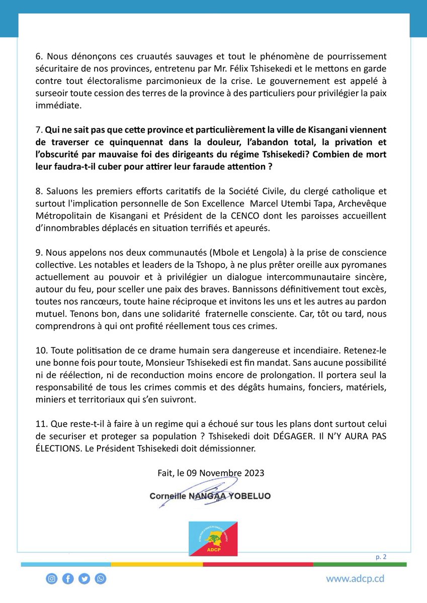 #RDC 1. En ITURI, Monsieur TSHISEKEDI enserre son ÉTAT DE SIÈGE à dessein pour chambarder le pays. Depuis qu’un gouverneur tribal a remplacé l’élu légitime de la province, le sang coule à haut débit faisant plus de morts et un fourmillement des groupes armés criminels; 

2. Dans