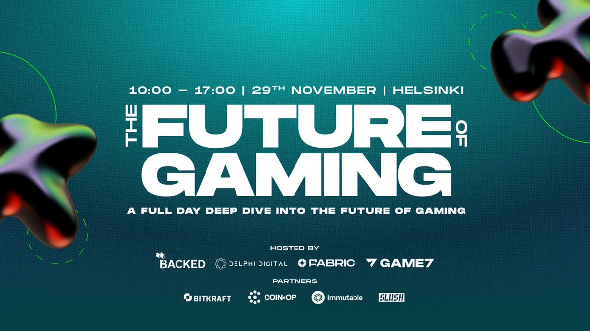 Join us at #FutureOfGaming23 the largest gaming event at Slush. 🎮 Organised by us, <a href="/Delphi_Digital/">Delphi Digital</a> , <a href="/fabric_vc/">Fabric Ventures</a> , <a href="/G7Dao/">🎶D_g7🎻</a> in partnership with @BitkraftVC , @Coinop_gg, <a href="/Immutable/">Immutable</a>  and <a href="/SlushHQ/">Slush</a>. Expect top Blockchain and Web3 gaming speakers! Apply here: tinyurl.com/fog23apply