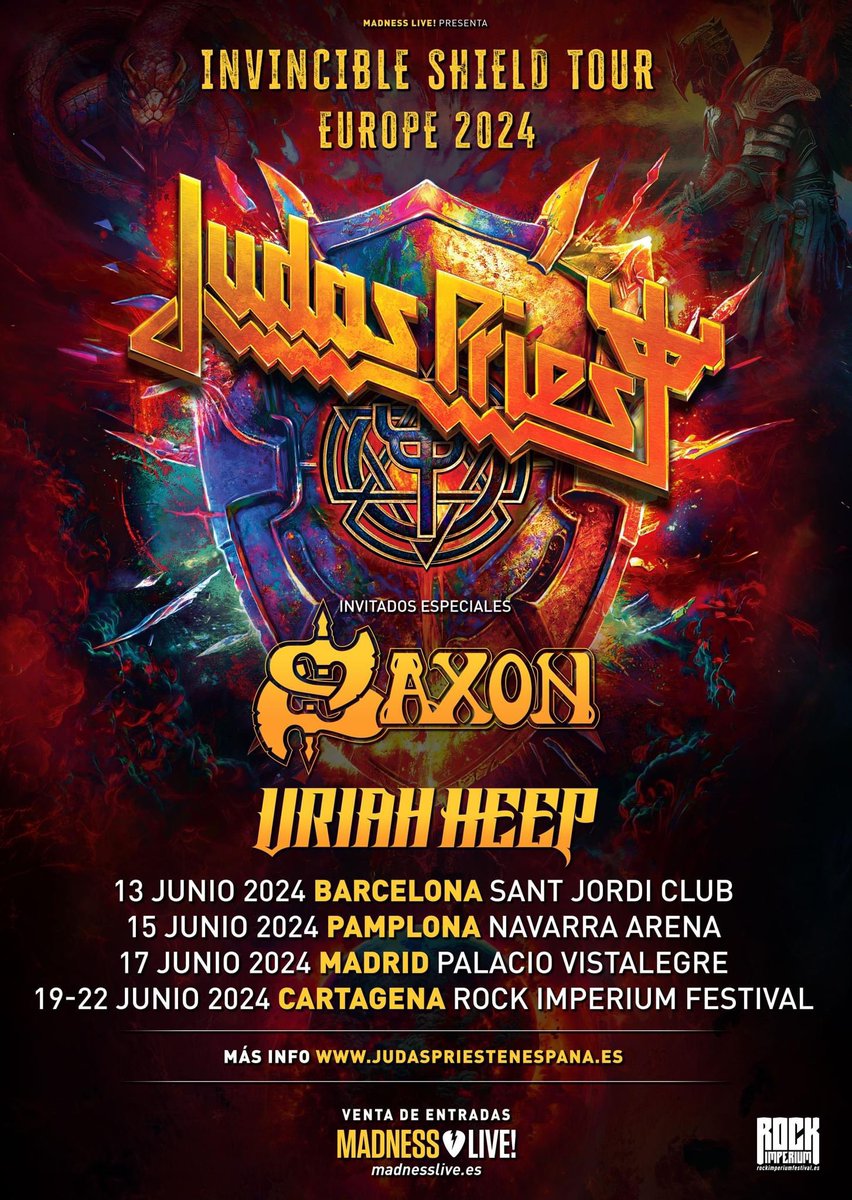 Saxon are pleased to announce they will be the special guests of the legendary Judas Priest, along with Uriah Heep at these upcoming shows in 2024! Presale for Madness Live: November 13, 2023 at 12pm CET On Sale: November 14, 2023 at 12pm CET June 13, 2024 - Barcelona…