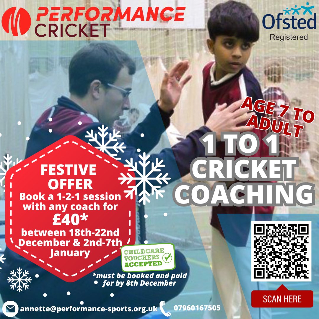 Performance Cricket (@perform_cricket) on Twitter photo Book a 1-2-1 cricket coaching session with any of our coaches for just £40* between 18th-22nd Dec and 2nd-7th Jan. Sessions can be carried out at a variety of locations.
📧 annette@performance-sports.org.uk today to secure your session!
#cricket #cricketcoaching #cricketclub Book a 1-2-1 cricket coaching session with any of our coaches for just £40* between 18th-22nd Dec and 2nd-7th Jan. Sessions can be carried out at a variety of locations.
📧 annette@performance-sports.org.uk today to secure your session!
#cricket #cricketcoaching #cricketclub