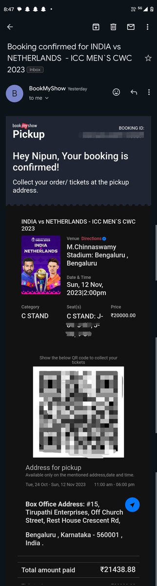 nipun_taunk's tweet image. #INDvsNED 4 tickets available in C stand all seats together, Selling it for mrp only, Dm to buy #Semifinal #RohitSharma #HeavyRain #ViratKohli  #Shami