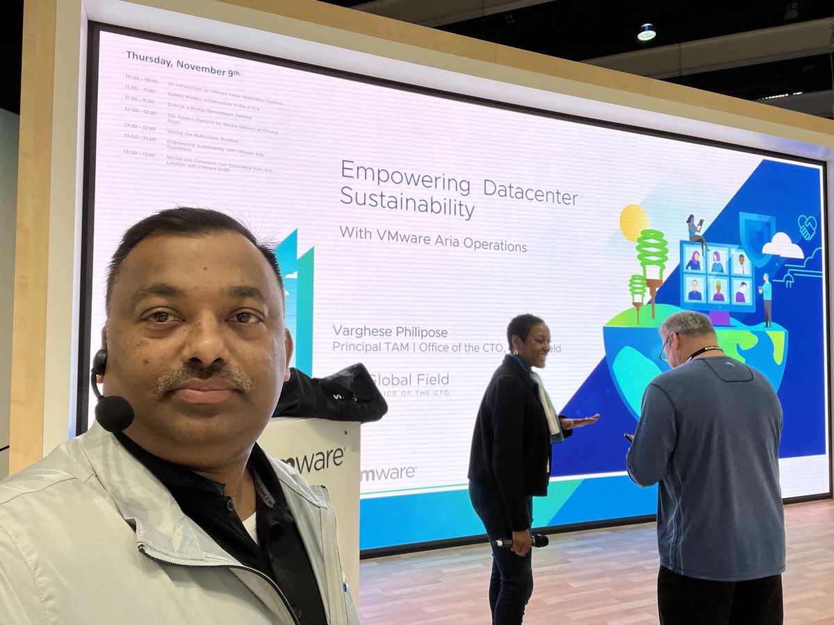 VPhilipose's tweet image. Signing off ⁦@VMwareExplore⁩ Barcelona 2023 with the last session at Expo theatre and it has to be on #Greenscore and ⁦@VMwareAriaOps⁩ 😀#Sustainability ⁦@VMwareCXS⁩