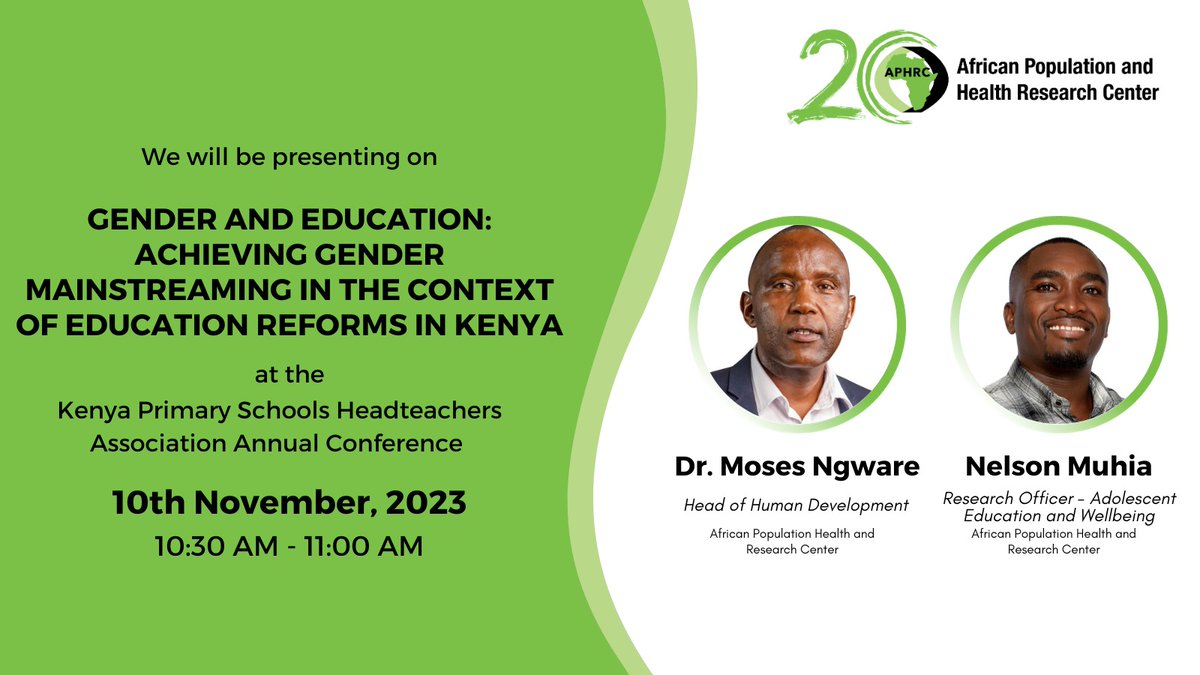 APHRC (@aphrc) on Twitter photo Happening tomorrow at Kenya Primary Schools Head teachers' Association Annual Conference, a presentation by <a href="/mngware/">Moses Ngware</a> & <a href="/nelson_gichuhi/">Nelson Gichuhi</a> on Gender & Education: Achieving Gender Mainstreaming in the context of education reforms in Kenya.
#Education #EducationForAll #WeAreAfrica Happening tomorrow at Kenya Primary Schools Head teachers' Association Annual Conference, a presentation by <a href="/mngware/">Moses Ngware</a> & <a href="/nelson_gichuhi/">Nelson Gichuhi</a> on Gender & Education: Achieving Gender Mainstreaming in the context of education reforms in Kenya.
#Education #EducationForAll #WeAreAfrica