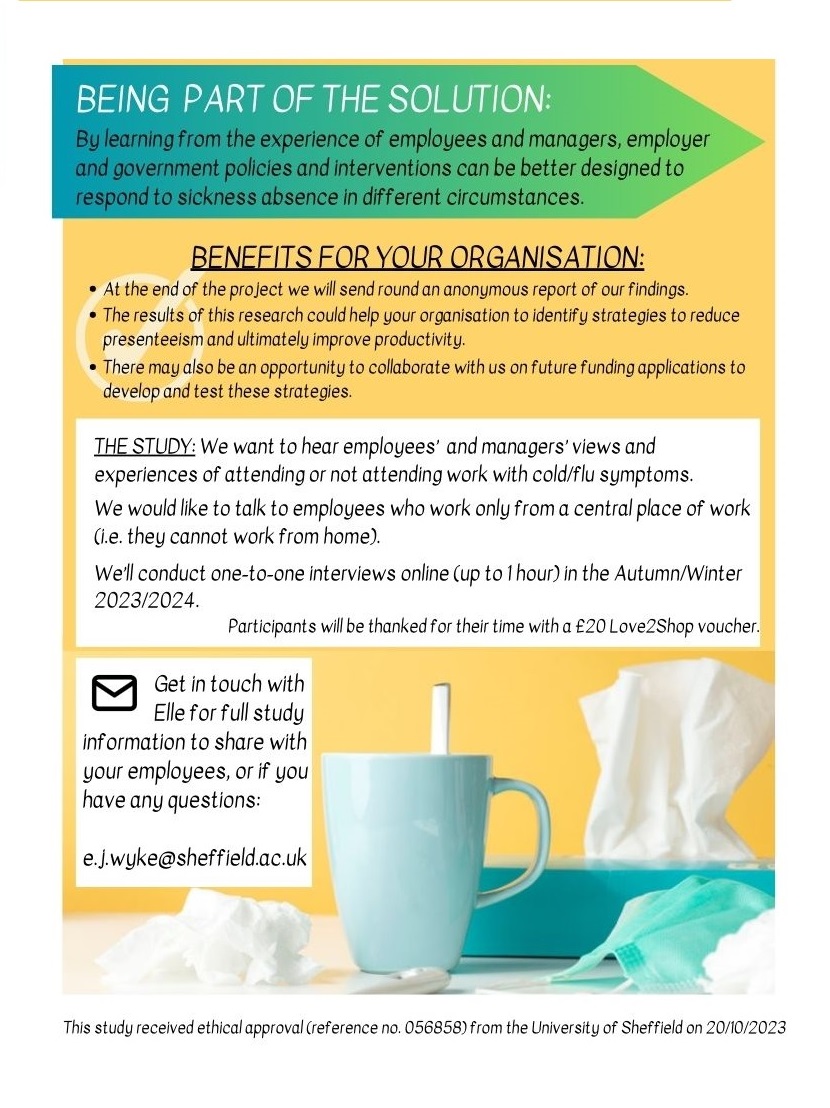 Research participation opportunity! Yorkshire-based businesses - new research exploring experiences of attending/not attending work with symptoms of infectious illness. Please get in touch if you have employees who fit the eligibility criteria &amp; you're interested in taking part.