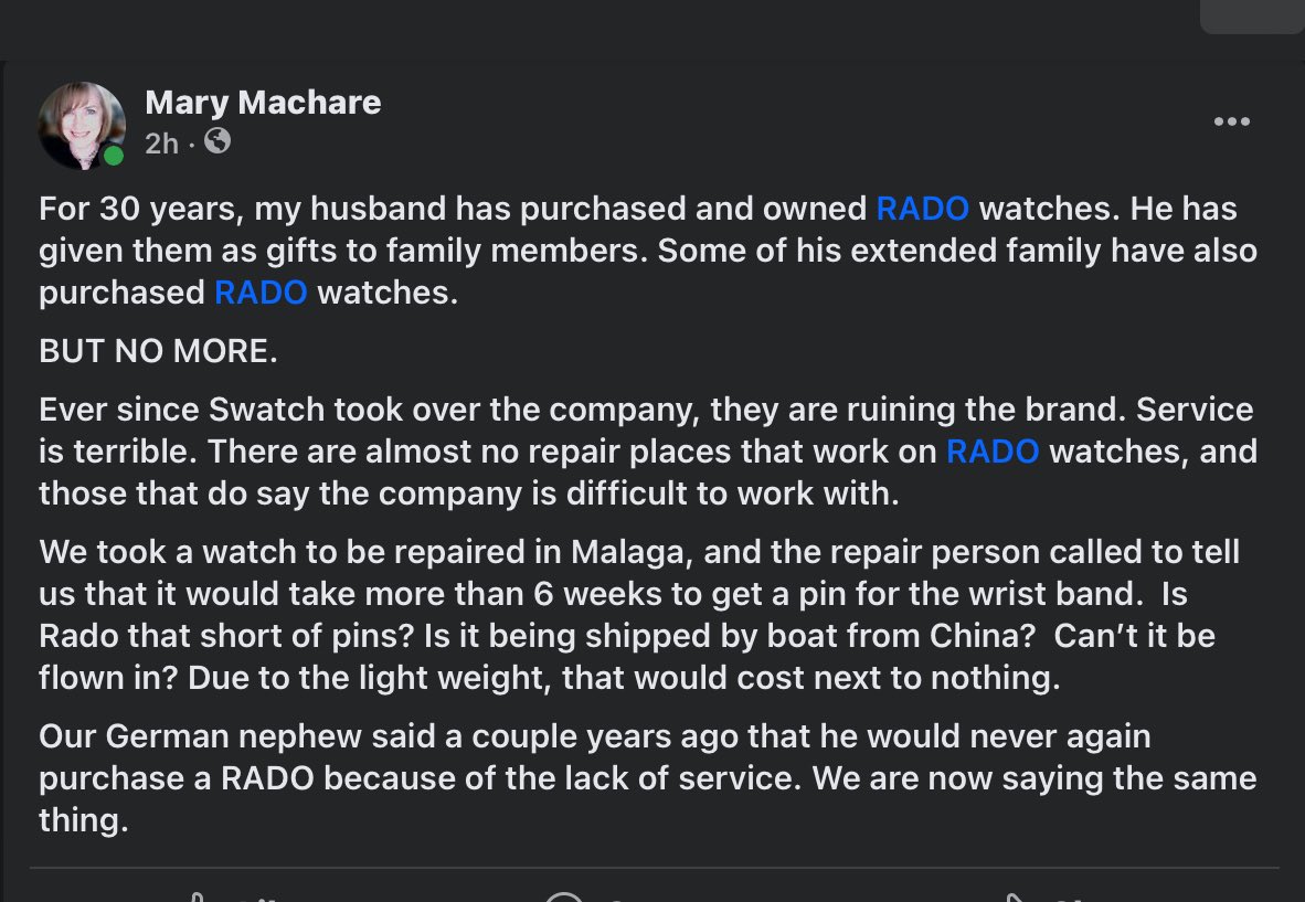 machare's tweet photo. @rado  Ever since @Swatch took over Rado, service has become terrible. In Spain, pin for the band takes 6 weeks! In the US, there is no longer a repair shop within 150 miles despite having excellent watch technicians who used to work on Rado &amp; other high-end watches near our home https://t.co/8BaskoGkFD