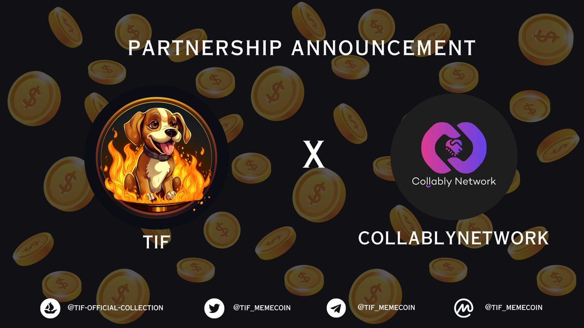 🎊 TIF x COLLABLYNETWORK Partnership Announcement 🎊 🤝 We are thrilled to share the news of our collaboration with @CollablyNetwork . We're on a mission to make crypto finance even better! Connecting Projects with Perfect Partners 🤝 💌 Stay tuned for the future updates!