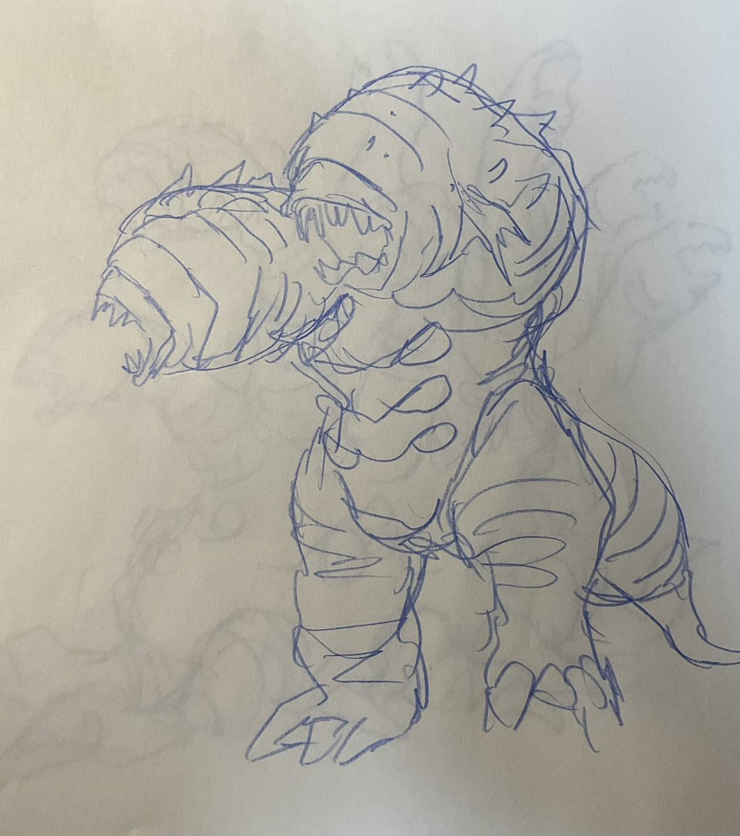 今、同時作画してる脱法テイマーの方に色々キメラ生物が出てくるんでその大まかなデザイン。複数の生物を組み合わせたなるべく不細工不均等にしようと。でも私がやると全部深海魚みたいになっちゃうね。倒し甲斐と見映えがあるようにするため恐竜くらいの大きさかな。火や溶解液を噴くぞ。 