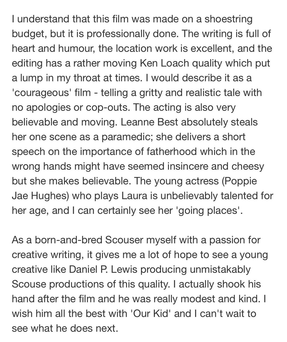 I am a cinema usher, and last night I had the privilege of working at the premiere of Scouse indie film ‘Our Kid’. It is about a 12-year-old footballer, and the film also contains thoughtful representation of a character with Cerebral Palsy. Here’s my IMDB review. #OurKidFilm