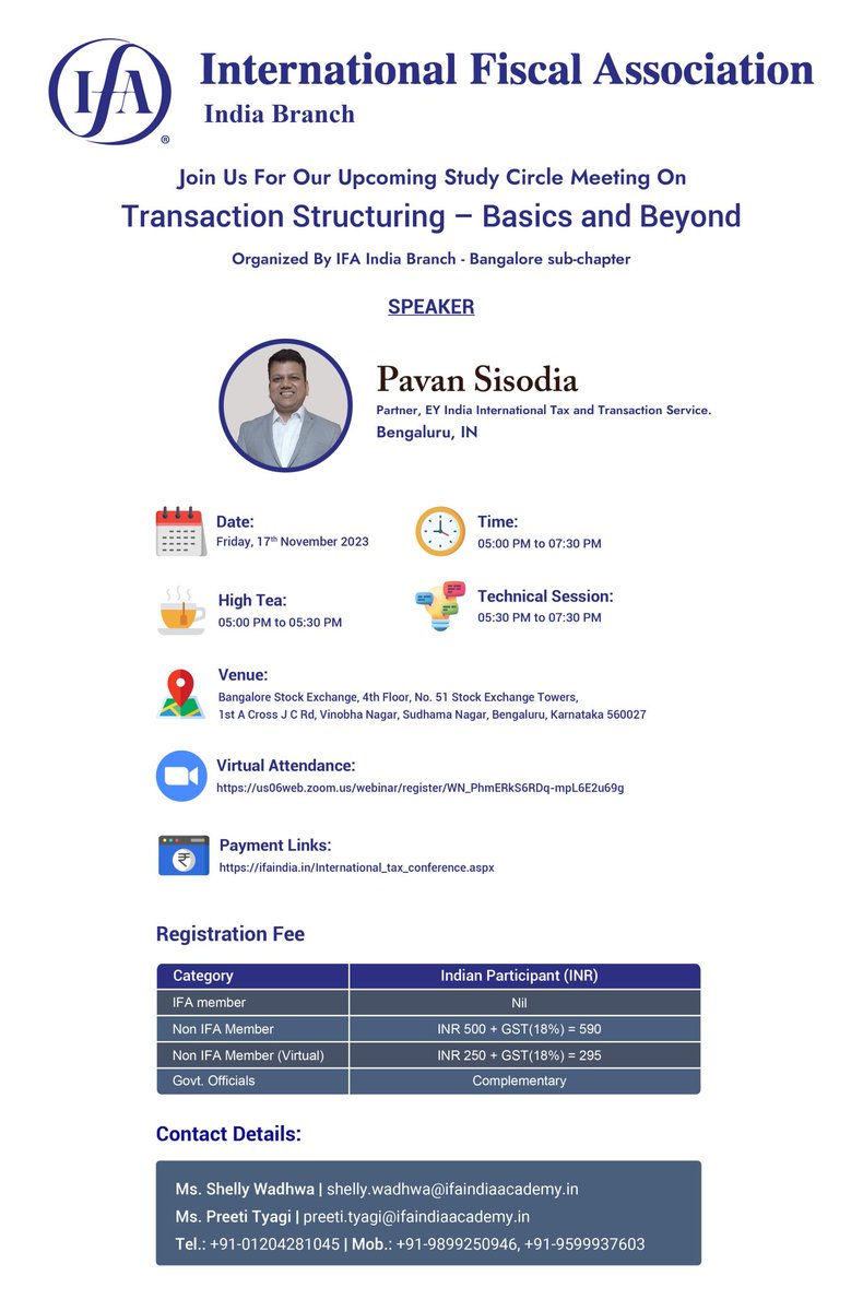ifaindiabranch's tweet photo. Join us for our upcoming Study Circle Meeting on *Transaction Structuring – basics and beyond* organized by *IFA India Branch - Bangalore sub-chapter*.

*Speaker*
Pavan Sisodia, Partner, EY India International Tax and Transaction Service. https://t.co/uTqOlBlOqJ