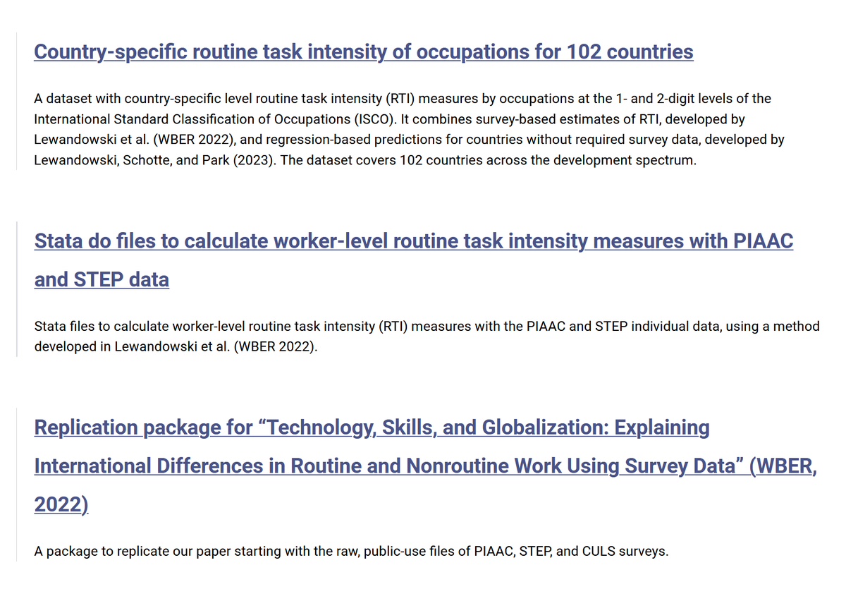 Happy to share the codes to calculate worker-level routine task intensity (RTI) with survey data for 47 countries, and occupational RTI data for 102 countries. Please check if you study job polarization, occupations, structural change. ➡️ piotr-lewandowski.pl/code_database/ 🧵with details 👇