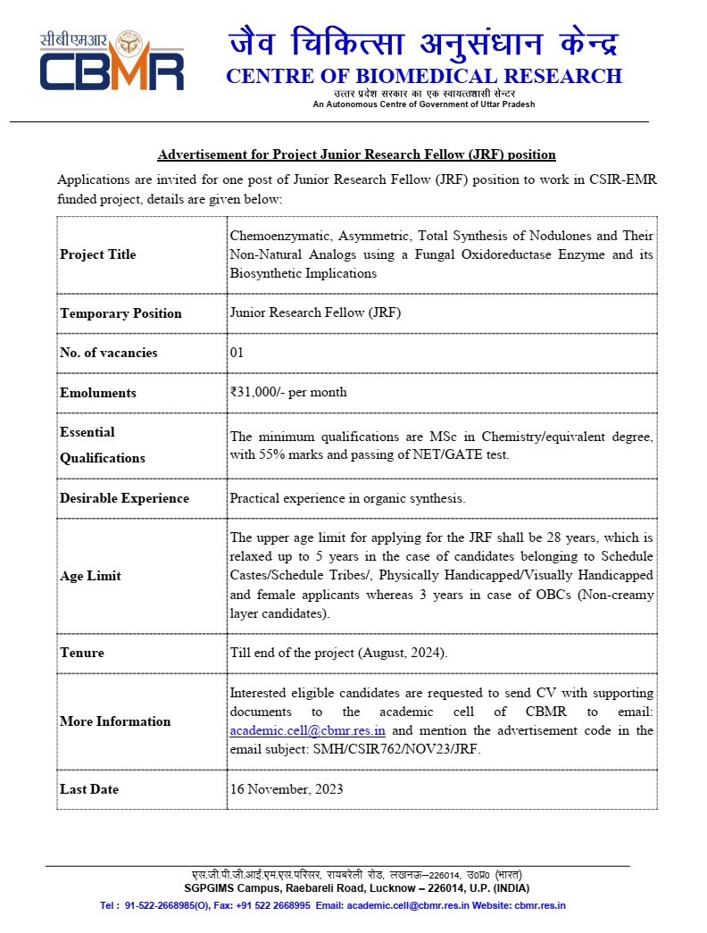 smhusain2018's tweet image. We have two project JRF positions available in our lab (husainlab.net) @cbmrofficial @HusainLab to pursue research in the field of #biocatalysis.  Eligible candidates may apply before last date (Nov 16). For more details visit cbmr.res.in