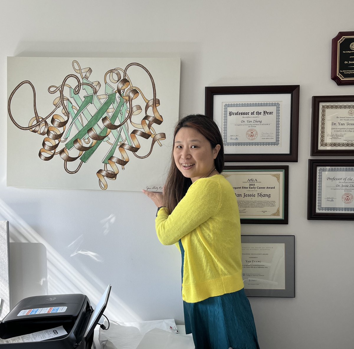 Teach structural biology in class and Explain to the student ribbon diagram today. So I dressed up like Triosephosphate isomerase like the one #janerichardson painted decades ago, a green dress for beta-barrel and yellow sweater for helix.