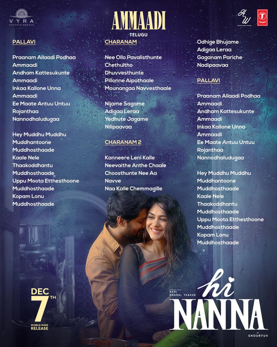 shreyasgroup's tweet photo. Words to the Heart! ❤️
The beautiful #HiNanna lyric sheet is here 💫
Express your musical side by singing to your nearest and dearest 🤗
- https://t.co/S42FmGIrjr
#Ammaadi #Maiyal #Andhaaju #Melleishtam #Pyaralaage
#HiNannaOnDec7th
#HiPapa #HiPapaOnDec7th
Natural 🌟 @NameIsNani @Mrunal0801 @shouryuv #BabyKiara @HeshamAWMusic @kk_lyricist @kaalabhairava7 @ShakthisreeG @MadhanKarky #Kaviraj #AavaniMalhar #ArunAlat @KausarMunir @SJVarughese @artkolla @mohan8998 @drteegala9 @kotiparuchuri @VyraEnts @TSeries @TseriesSouth @shreyasgroup