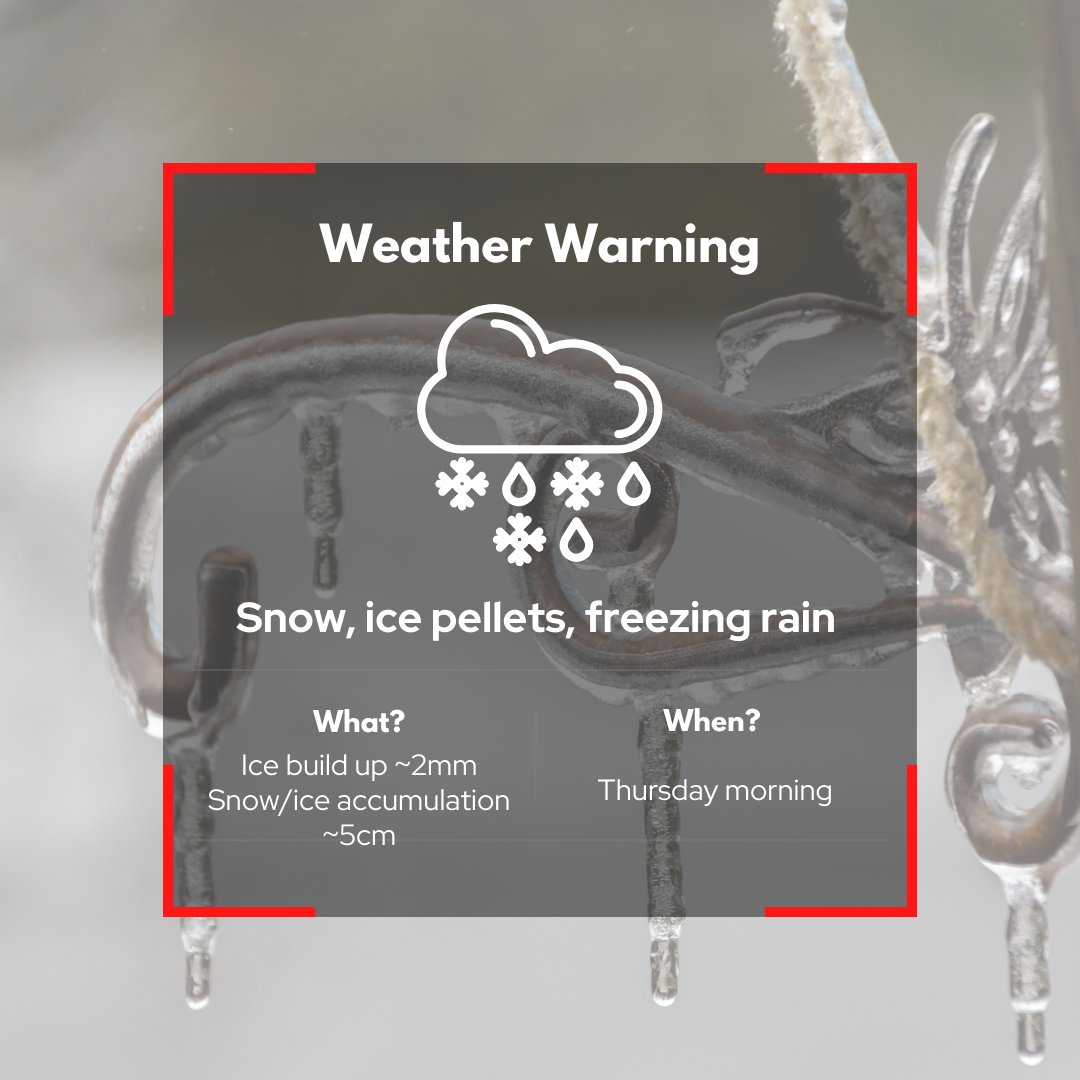 Mother Nature isn't done with us yet. We were upgraded to a #FreezingRainWarning. Expect ice build-up of up to 2 millimetres on some surfaces and a total snowfall and ice pellet accumulation up to 5 cm. School buses are running but may be delayed #Barrhaven #ONStom #OttWeather