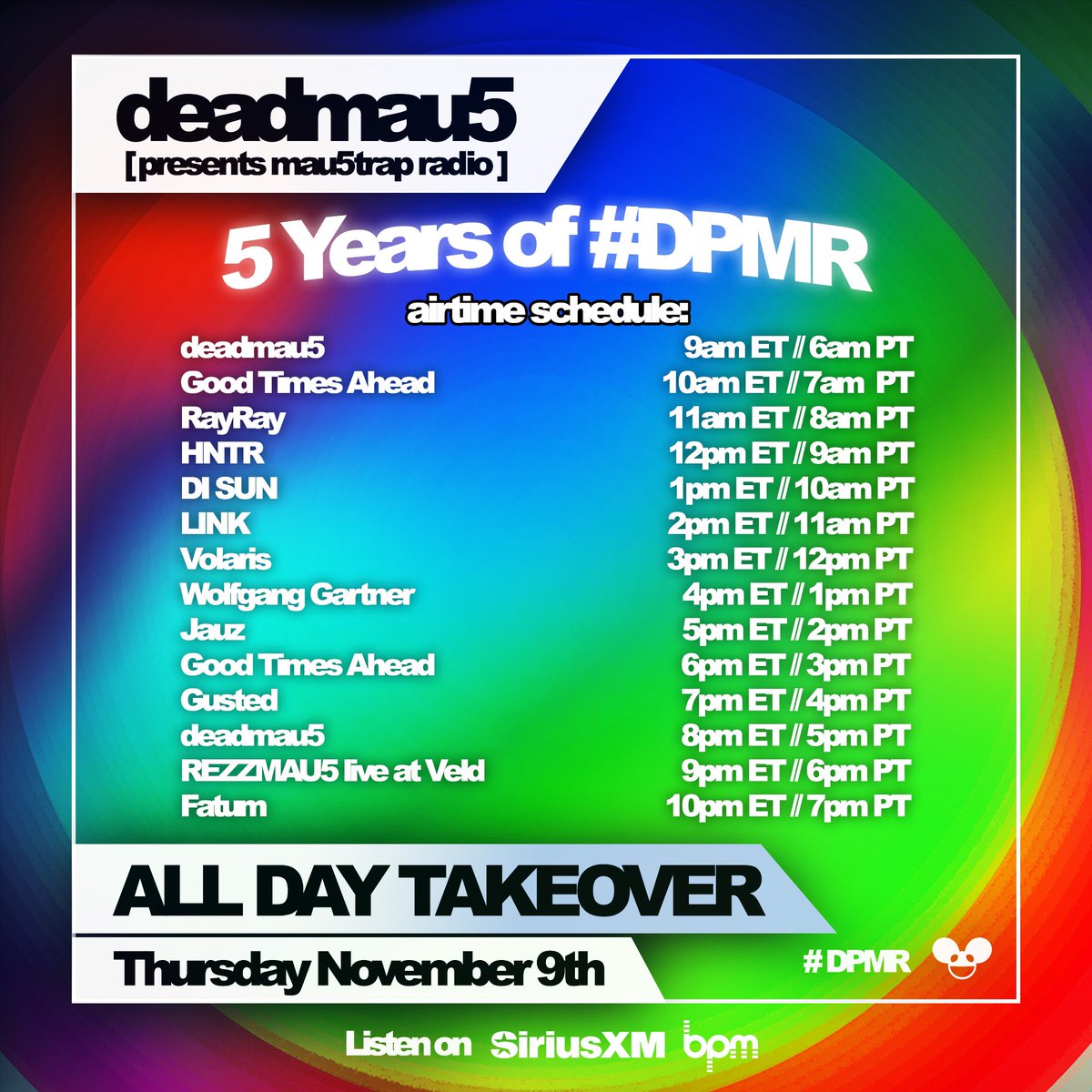 #DPMR 5yr takeover x <a href="/SIRIUSXM/">SiriusXM</a> <a href="/SiriusXMElectro/">sxmElectro</a> :D 

all day long!! starting @ 9am ET // 6am PT! siriusxm.us/mau5trapradio