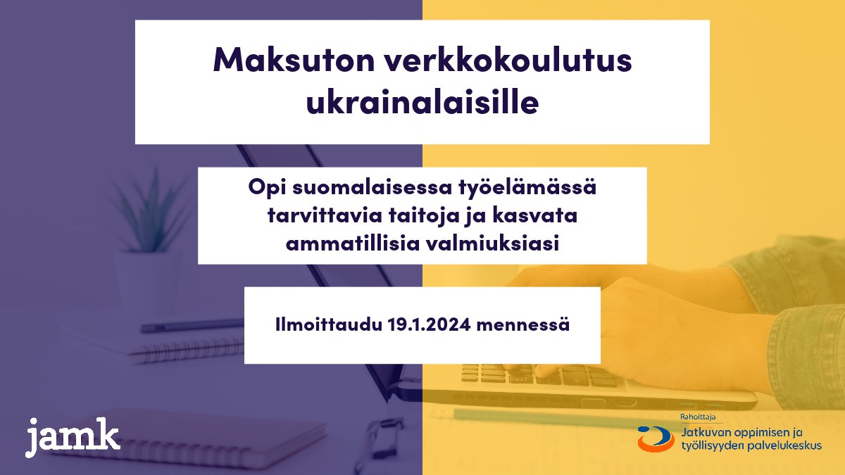 Maksuton #verkkokoulutus ukrainalaisille! Opinnot ovat ukrainalaisille, joilla on valmiudet opiskella suomeksi, ja jotka haluavat oppia suomalaisessa työelämässä tarvittavia taitoja ja parantaa ammatillisia valmiuksiaan. llmoittaudu 19.1.24 mennessä! 👉 jamk.fi/fi/Hae-opiskel…