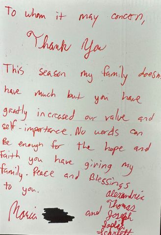 TDK team members make the holidays a little brighter each year for families starting over, thanks to ALIVE (Alternatives to Living in Violent Environments).  This note from a previous adopted family says it all. #communityinvolvement #TDKcares