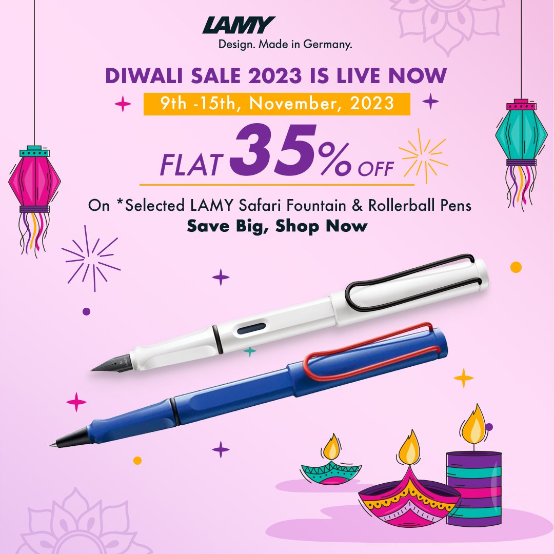 Rejoice in the spirit of Diwali🪔 with our LAMY Safari combo deal🌟, now live! Save big with 35% off on LAMY Safari Rollerball and Fountain Pens!!! #sale #salealert #alert #pen #lamypen #writing #Lamy #LamyIndia #Diwali #DiwaliGift #GiftWithLamy #LuxuryGift #LAMYLightUpDiwali