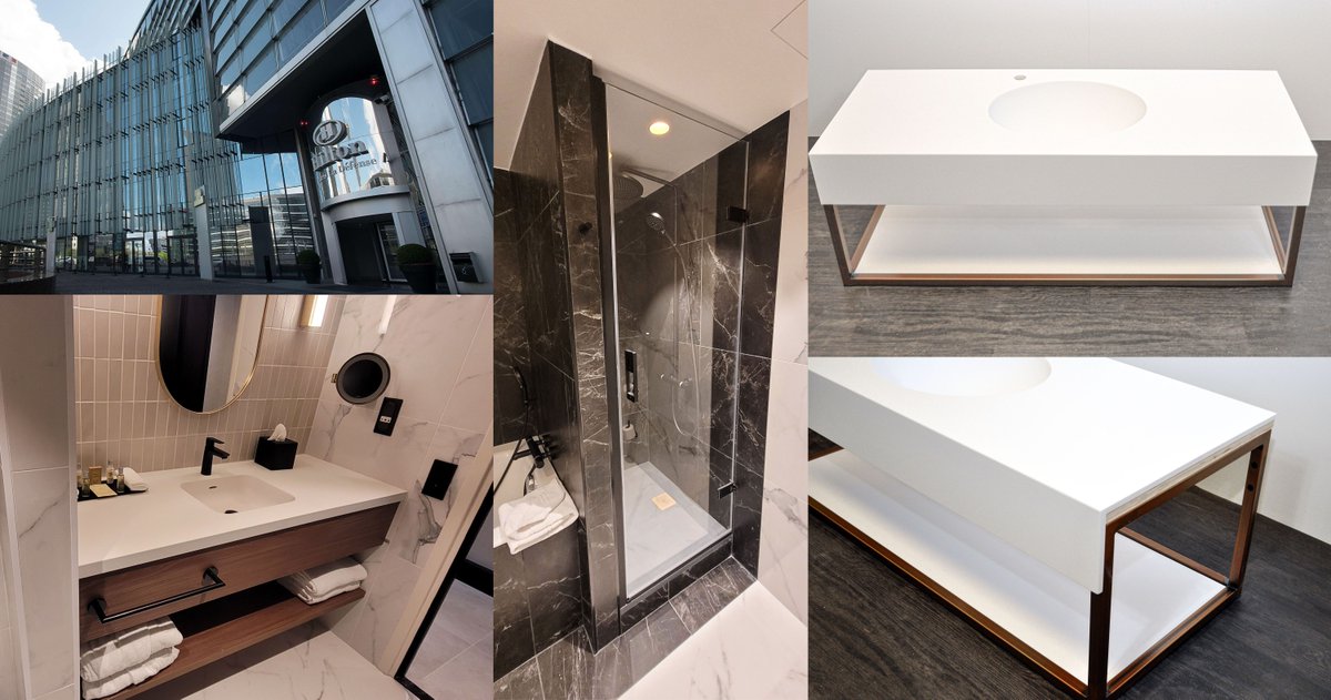 The Hilton La Défense, Paris is a contemporary business hotel set within 9 km from the Eiffel Tower. All the sleek rooms offer marble bathrooms with our bespoke vanity tops and shower enclosures. In total, we supplied 267 Roman products for this project. #internationaltradeweek
