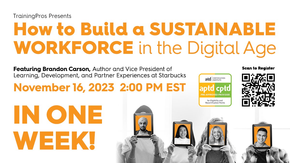 Our L&D systems need to adapt to prepare the workforce for the changing labor market. Join us as Brandon Carson, of Starbucks, digs into 3 critical focus areas to ensure a #SustainableWorkforce in the digital age! tpros.co/swsm #WeAreTrainingPros