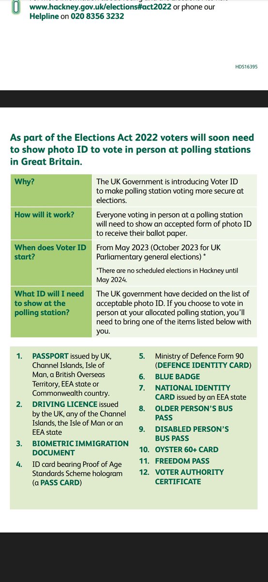 HackneyMuslims's tweet photo. When going to vote today remember your MUST bring a valid photo ID with you to the polling station. Full details on the ID info on this PDF guide:
https://t.co/12NiTqisz3
#HackneyElections https://t.co/FEjCDR97wk
