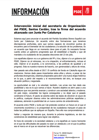 PSOE's tweet photo. 🔴 El acuerdo entre PSOE y JxCat pretende construir un futuro en el que el crecimiento económico y la prosperidad de los ciudadanos marquen el paso de todas las políticas que se apliquen en España. 

🗞️ Intervención inicial del secretario de Organización del PSOE @santicl. 👇
https://t.co/eTtCqkin3S