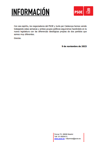 PSOE's tweet photo. 🔴 El acuerdo entre PSOE y JxCat pretende construir un futuro en el que el crecimiento económico y la prosperidad de los ciudadanos marquen el paso de todas las políticas que se apliquen en España. 

🗞️ Intervención inicial del secretario de Organización del PSOE @santicl. 👇
https://t.co/eTtCqkin3S