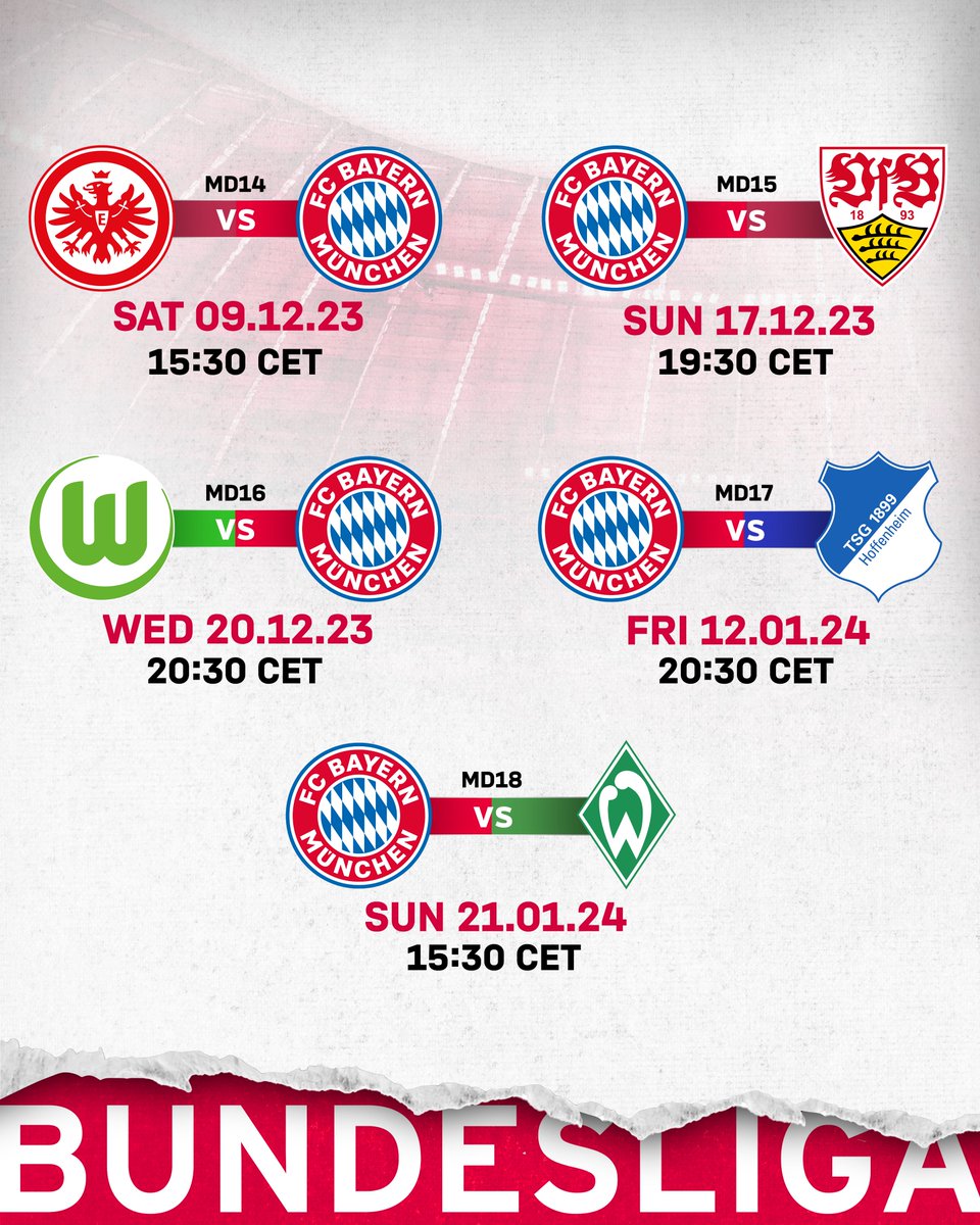 Matchdays 14 to 18 in the Bundesliga have been scheduled! 🗓️ More info ➡️ fc.bayern/ScheduleMDs1418 #packmas