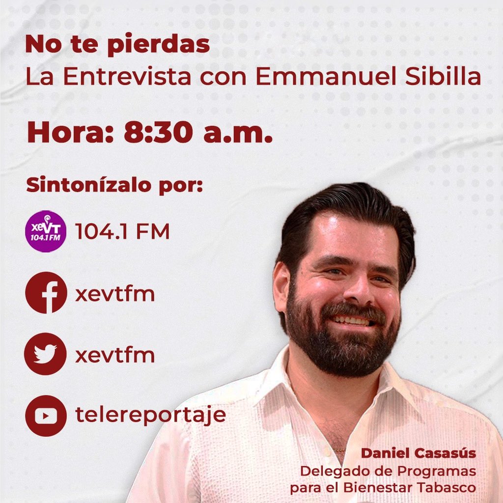 ¡Buenos días amig@s! ☀️

Les invito a sintonizar "La Entrevista con <a href="/EmmanuelSibilla/">Emmanuel Sibilla O</a>" hoy por la <a href="/xevtfm/">xevt - xhvt</a> 104.1 FM,  a las 8:30 AM.

¡No te lo pierdas! 📻🧔🏻✌🏽