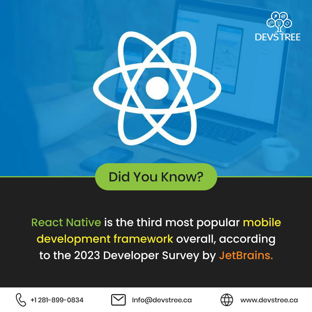 DevstreeCA's tweet image. According to the 2023 Developer Survey by JetBrains, React Native has secured its spot as the third most popular mobile development framework. 🚀📊
Let's keep building amazing cross-platform apps with ease! 💻📲
#ReactNative #HireReactDeveloper #devstreeit #canada