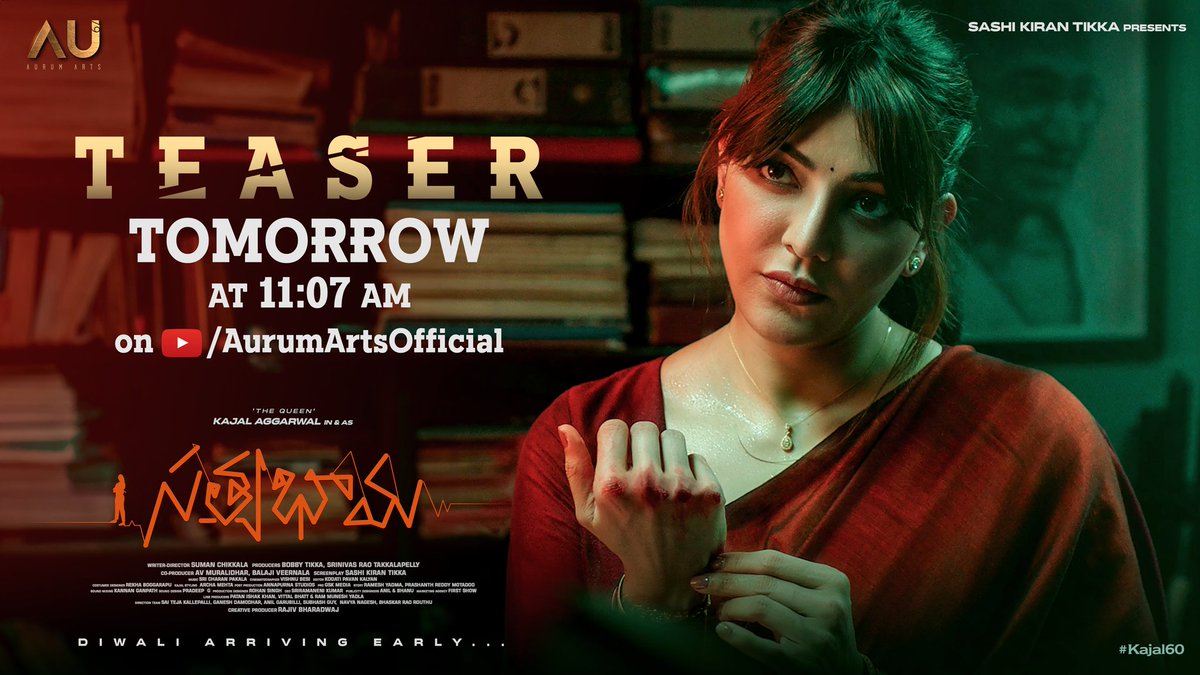 The ever alluring @MSKajalAggarwal dons a completely new avatar as #Satyabhama and you will witness it in a few more hours ❤️‍🔥 #Satyabhama Teaser tomorrow at 11.07 AM💥 Stay tuned! - youtube.com/@AurumArtsOffi… Diwali arriving early with #SatyabhamaTeaser 🔥 @sumanchikkala