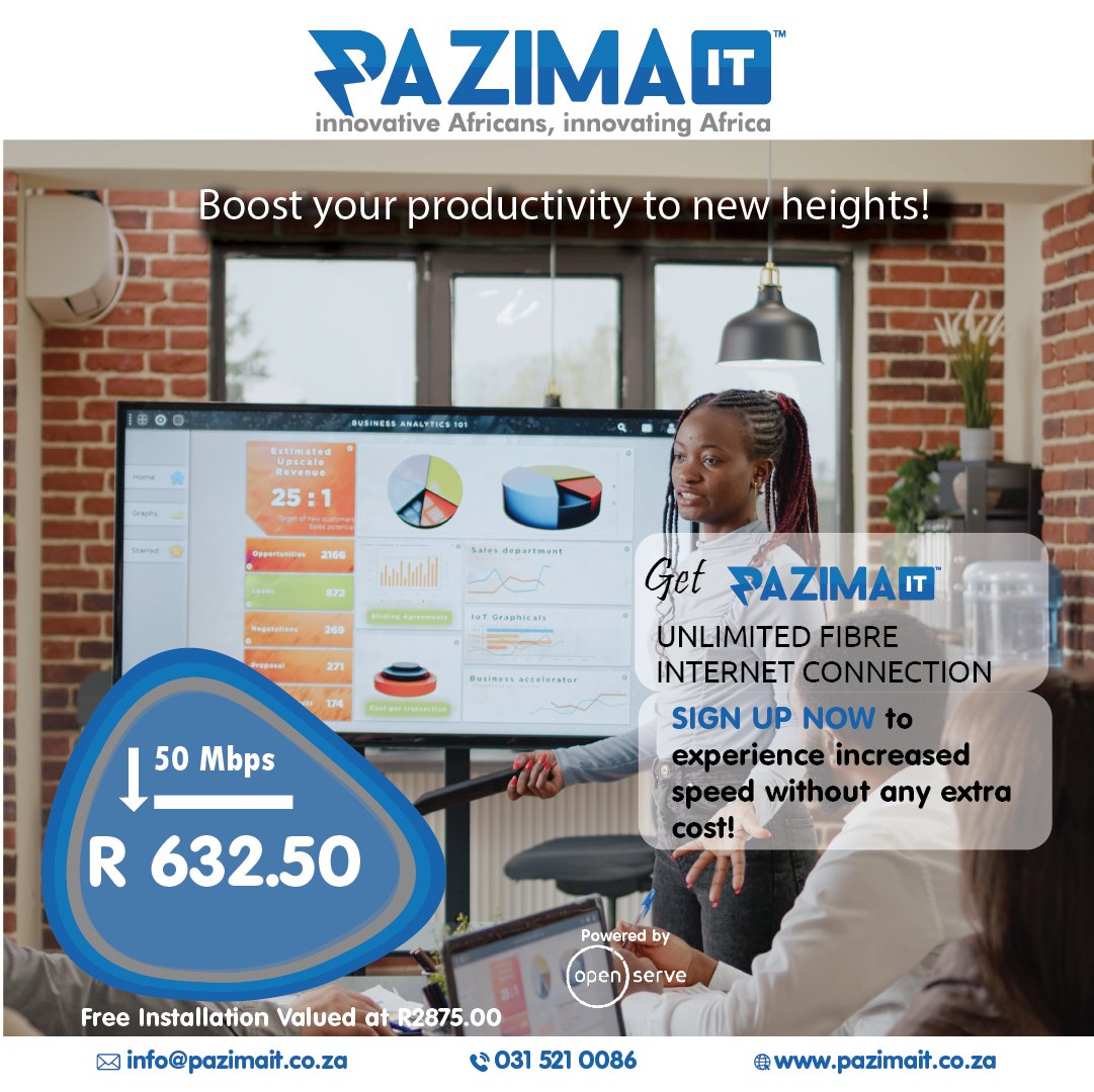 PazimaIT's tweet image. Supercharge your productivity with lightning-fast and budget-friendly internet! Experience seamless browsing, smooth video calls, and swift downloads. Sign up now at pazimait.co.za and elevate your online experience! 💻⚡️ #FastInternet #ProductivityBoost #unlimited