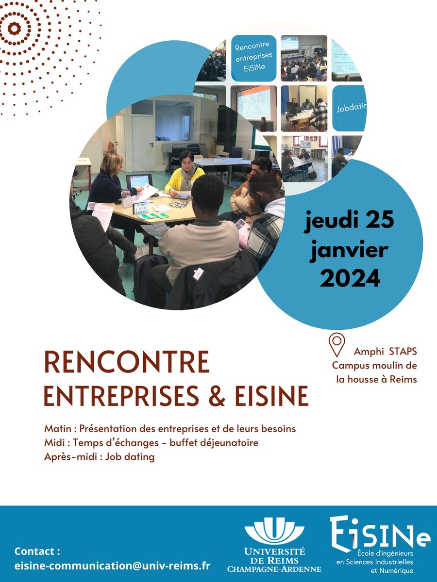 L’EiSINe organise la deuxième édition des rencontres #entreprises &amp; EiSINe jeudi 25 janvier 2024 à <a href="/universitereims/">Université de Reims Champagne-Ardenne</a>👉 Recruteurs, venez rencontrer nos étudiants, vos futurs stagiaires, alternants et diplômés. Contact : eisine-communication@univ-reims.fr <a href="/PoleFormationCA/">Pôle Formation UIMM Champagne-Ardenne</a>