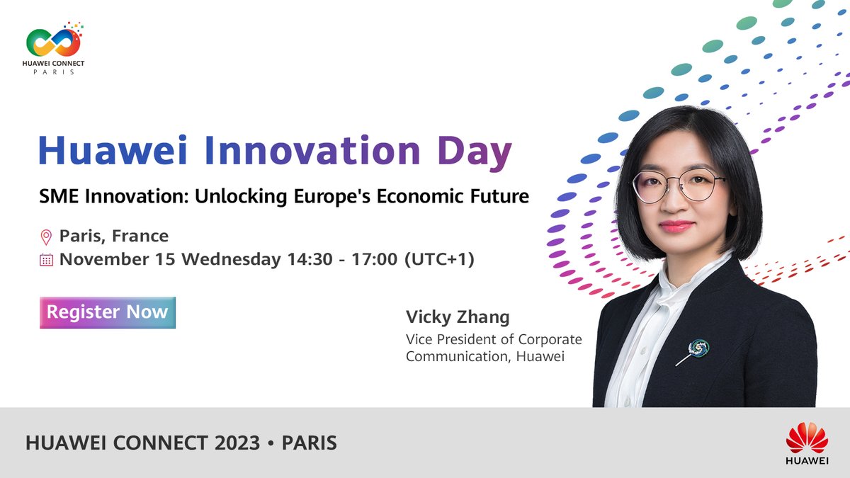 Join us for a captivating session at Huawei #InnovationDay! Save the date for Nov 15, 14:30-17:00 (UTC+1) for #HuaweiConnect 2023 in Paris and don't miss Vicky Zhang, Vice President of Corporate Communication at Huawei, as she shares insights on 'Huawei's Continuous Commitment to…