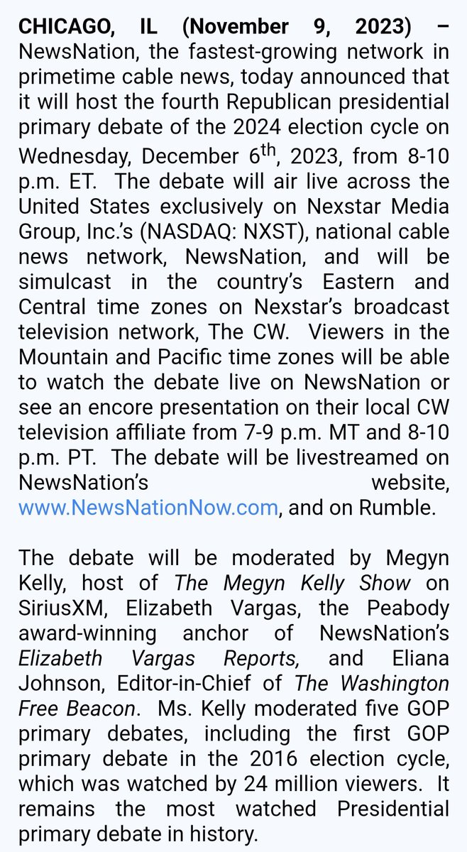 #BREAKING INBOX: @NewsNation will be hosting the next #GOPDebate on Wednesday, December 6, moderated by NewsNation's @EVargasTV, @FreeBeacon's @ElianaYJohnson, and @SiriusXM's @MegynKelly. It'll also be simulcast on @TheCW. Outstanding move by the RNC!