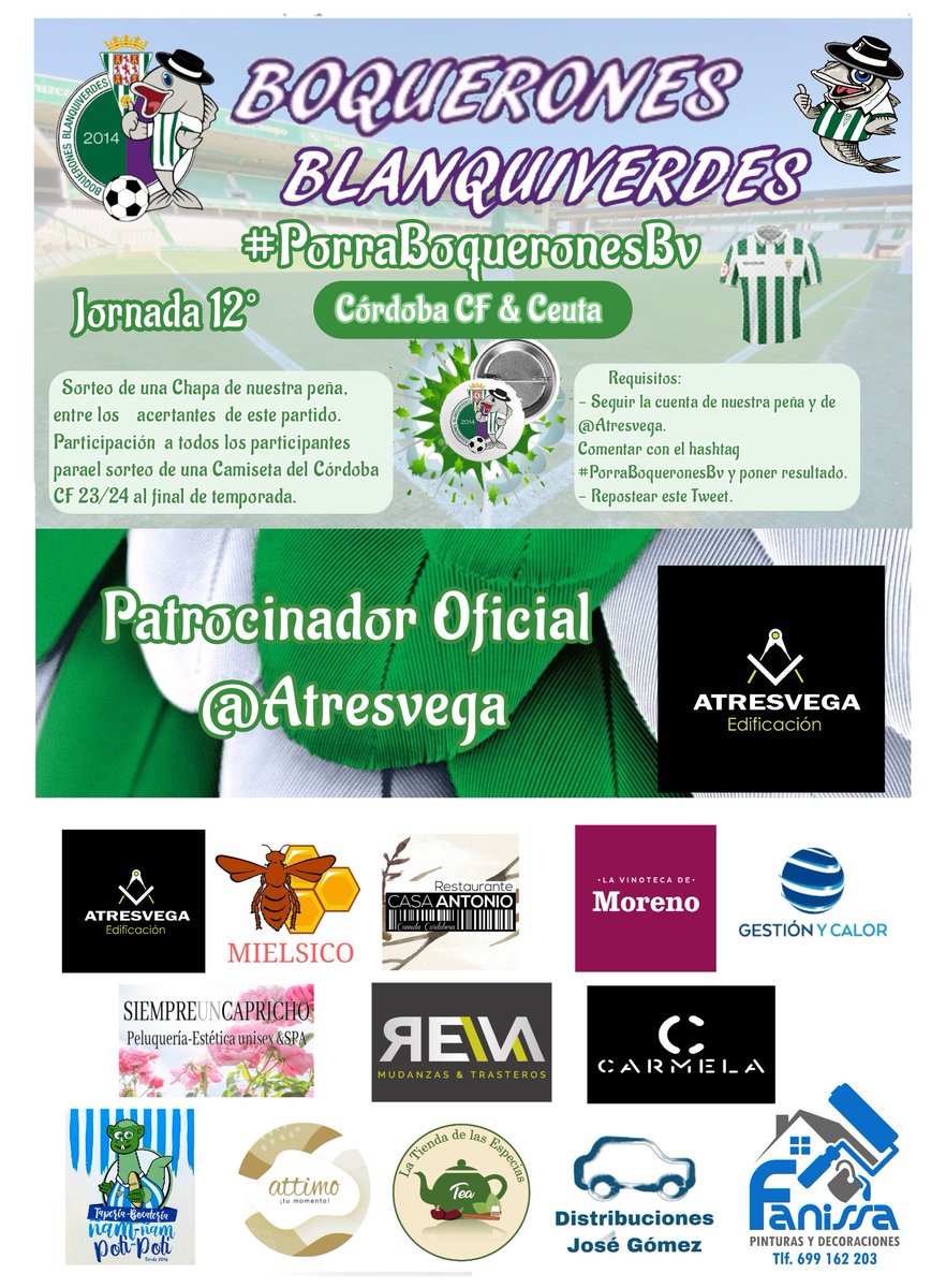 Boquerones Blanquiverdes (@pc_boqueronesbv) on Twitter photo Jornada 12° de nuestra #PorraBoqueronesBv, Patrocinada por <a href="/atresvega/">ATRESVEGA EDIFICACION SLU</a> , después del gran partido que realizó en Málaga, hay que refrendarlo en nuestro Reino y ante otro rival de arriba. No olvidéis cumplir los requisitos.
⚽️🤍💚🤍⚽️ Jornada 12° de nuestra #PorraBoqueronesBv, Patrocinada por <a href="/atresvega/">ATRESVEGA EDIFICACION SLU</a> , después del gran partido que realizó en Málaga, hay que refrendarlo en nuestro Reino y ante otro rival de arriba. No olvidéis cumplir los requisitos.
⚽️🤍💚🤍⚽️