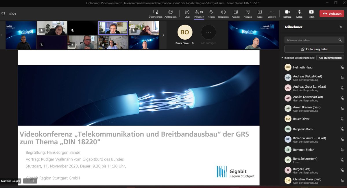 112 Teilnehmer beim exklusiven Workshop der GRS mit dem #Gigabitbüro des Bundes zur neuen #DIN18220 alternative Verlegemethoden im #Glasfaserausbau. Sehr nützlicher und informativer Vortrag von Rüdiger Wallmann.