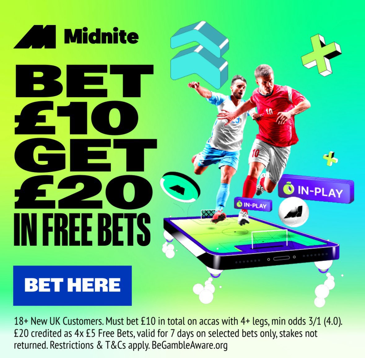 Bet £10 &amp; get £20 in free bets with Midnite!

Here 👉🏼 bit.ly/3MzyB64

🔹 New customers only
🔹£10 qualifying stake must be on acca's with 4+ legs (min odds 3/1)

18+ begambleaware.org #ad ts &amp; cs apply