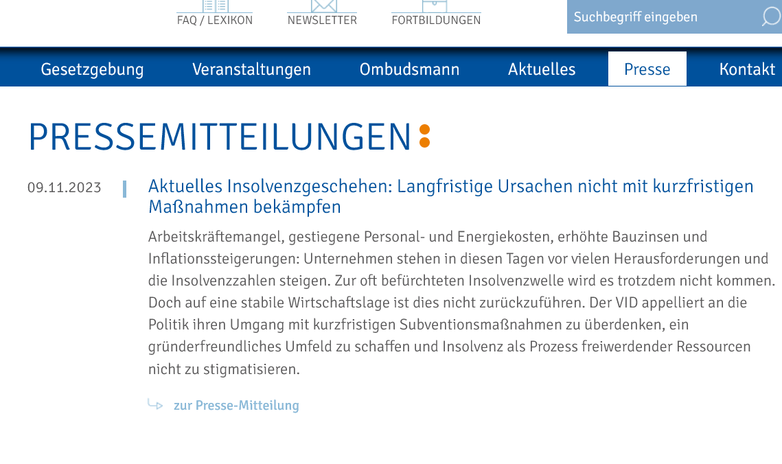 Aktuelles #Insolvenzgeschehen: Langfristige Ursachen nicht mit kurzfristigen Maßnahmen bekämpfen. Die aktuelle Pressemitteilung des VID anlässlich des Deutschen #Insolvenzverwalterkongress|es  2023.  vid.de/pressemitteilu…