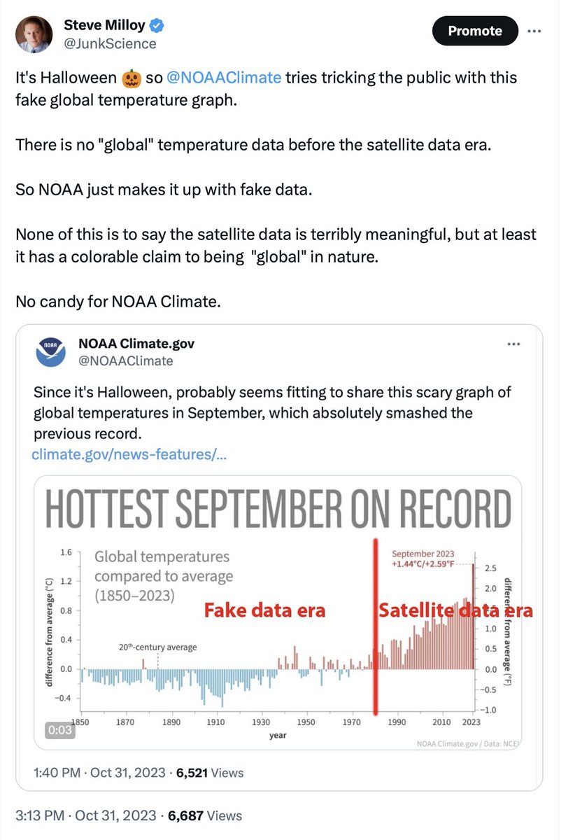 JunkScience's tweet photo. My post (left)  got Community-Noted yesterday for showing that the US has not warmed since 2000 despite about one trillion tons of emissions. 🙄

That's right... 2022-2023 America was cooler than 1999-2000 America despite one trillion tons of emissions between the two periods.🤔

If every emission causes warming, how can that be?

The line I drew was obviously not a trend line. It merely highlighted the temperature difference between the 1999-2000 and 2022-2023 periods.

It's too bad that @elonmusk continues to allow @X staff to shadow-ban and otherwise censor climate skeptics. Some free speech just hits to close to home, I guess.

Let's see if @CommunityNotes is willing to "add context" to climate hoaxer posts like this from @NOAAClimate (right), that deceptively mixes fake and satellite data without distinguishing the two.