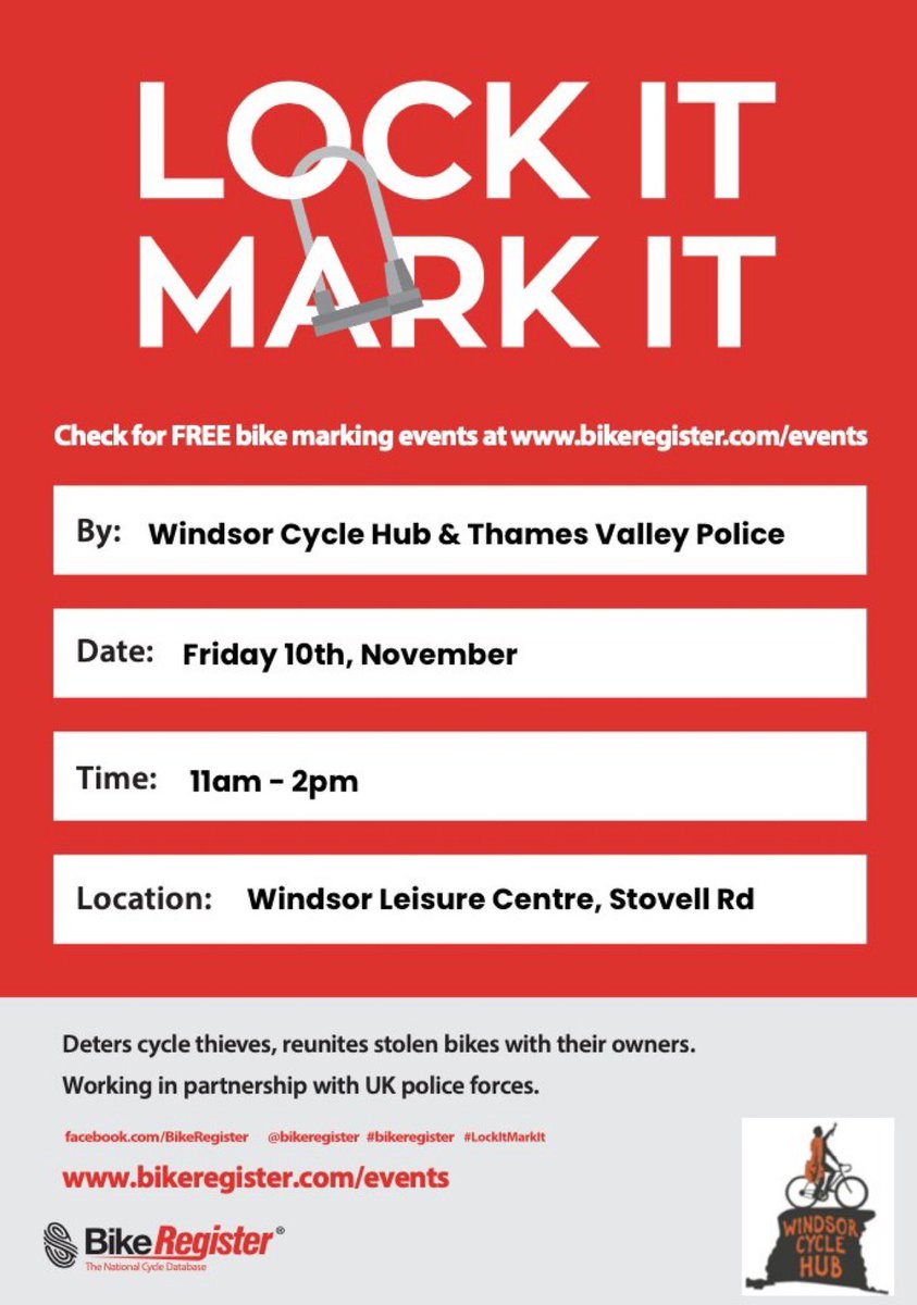 Tomorrow, we'll be at #WindsorLeisureCentre with @TVP_Windsor adding #bikes to the national @bikeregister. We'll be there from 11am for a few hours, so cycle down & have your #bike marked for free*. *Worth £13, donations welcome - to help us encourage local cycling.